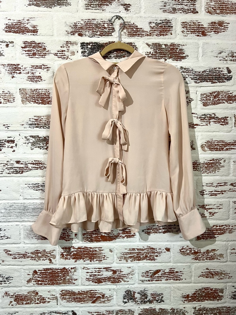 Endless Rose Blouse Beige Sheer Tie-Front Button Down Office Workwear XS